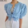 Korejpaa Femmes Pull Été Coréen Chic Fille Tempérament Dentelle Col Rond Lloose Simple Boutonnage Manches Bouffantes Cardigan 210526