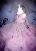 New Hot Cute Lilac Ball Gown Flower Girls Long Sleeves Crystal Tulle Ruffles Tiered For Children Kids Birthday Party Dresses