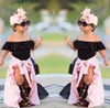 Clothing Sets Girls Summer 4pcs Kids Baby Girls Off Shoulder Top T-shirt shorts Skirt Headband Outfits Set45pu