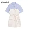 YITIMUCENG縞模様の偽2ピースパッチワークシャツドレス女性Aライン夏のファッションハイウエスト半袖オフィスレディ210601