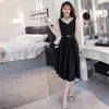 黒いドレスのための黒いドレスのための黒い韓国のショートフリルスリーブクルーネックレースサンドレスレディースオフィスパーティードレス210602