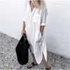 Plus Size Linho de Algodão Vestido Mulheres Branco Camisa de Manga Longa Camisa Casual Feminino Vestidos Longos Autumn Beach Fashion Lady Roupas 220311