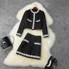 Hohe Qualität Designer Winter Runway 2 Stück Set Frauen Langarm Luxus Perlen Tweed Wolljacke und Rock Anzug Outfits 210601