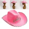 Широкие шляпы с краями розовый тиара западный стиль Cowgirl for Women Girl Collsed Fedora Caps Feather Edge Beach Cowboy Hat Sequin Party Cap Oliv22