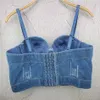 Denim Riscado Mulheres Spaghetti Spaghetti Diamantes rasgados Push Up Bustier Night Club Party Crop Top Novo Espartilho Camise Colete 210308