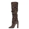 Lady Sheepsleder Leder Square Chunky High Heels Ritterstiefel Leopard Plissee Frauen Oberschenkel-High Booties Plünderung Zehen Lange Knie Partei Hochzeit Schuhe Große Size 34-48