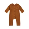 Jumpsuits 0-24m unisex baby casual långärmad jumpsuit tjejer mode solid färg ribbed knapp rund nacke romer för födda pojkar