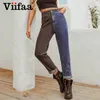 Viifaa Jeans denim a vita alta bicolore nero e blu per donna Jeans dritti casual da donna con cerniera 210302