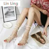 2021 Nieuwe zomer sexy pu hakken schoenen sandalen gladiator enkel strappy open toed stiletto's beige feestjurkpompen schoen