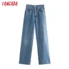 Tangada Mode Femmes Taille haute Noir Long Jeans Pantalon Pantalon Poches Boutons Femme Denim 4M63 210922