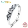 Real 925 Sterling Silver Flying Angel Wings Clear CZ Anéis de Dedo para Mulheres Moda Design Exclusivo Jóias Bijoux 210707