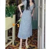 Старинные сладкие голубые принты слоеного рукава лето элегантный офис леди Vestido мода силмин талии платья для женщин 210525