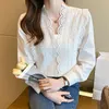 Women's Blouses & Shirts 2021 Designer Runway Lace Long-sleeved V-neck White Pullover Office Lady Elegant Tops