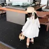 幼児の女の子の白い綿のドレスのフリと素敵なフライスリーブ刺繍春の夏の衣装因果服210529