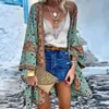 Kvinnors badkläder 2021 Kvinnor Boho tryck Floral Beachwear Kimono Cardigan Löst långärmad sjalkapslar Blusa bikini Cover Wrap Outdoor Thin