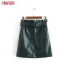 Tangada Mulheres Chic Pu Couro Verde Mini Saia Com Correia Zipper Vintage Feminino Elegante Saias Casuais Mujer 3H223 210310