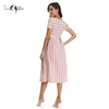 Femmes Summer Casual Rayé Robes de maternité Vêtements à manches courtes Longueur au genou Robe de grossesse Session plissée Baby Shower Rose 210922