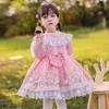 Spring Kids Girl Party Dress Lace Bow Pink Long Sleeves Mesh Princess Dresses Wedding Perform Clothes E8009 210610