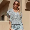 Yaz Çiçek Baskı Bluzlar Kadın Moda Fırfır V Boyun Kısa Kollu Gevşek Kız Gömlek Tops Artı Boyutu Rahat Bayanlar Bluz 210608