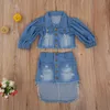 Barn 2pcs outfit kläder set, tjejer blå puffhylsa öppen front denim jacka + oregelbunden hem kjol 1-6 år vår höst c0223