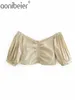 Khaki Bardot Crop Tops Lato Moda V Neck Ruched Szczegóły Zipper Back Krótki Rękaw Dorywczo Kobiety Off Ramię Bluzki 210604