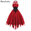 Casual Dresses Gothic Punk Vintage Party Kvinnor Svart Ärmlös Kors Back Retro Lace Panel Corset Swing Dress Robe Femme 2021 Vestidos