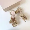 Nuevos zapatos de verano Sandalias de nudo de mariposa Sandalias de mujer Alambre de oro Diapositivas de moda Tacones altos Tobillo-Wrap 210302