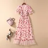 Runway Stamping Sparkling Black Strawberry Women Short Sleeve V Neck Lace Up Bow Ruffles Mesh Tulles Long Dress 210416