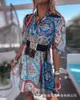 Lässige Kleider Mandylandy Hemdkleid Damen Kurzarm Paisley Bedrucktes Kleid ohne Gürtel Sommermode Hohe Taille A-Linie