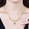 BLACK ANGEL Shiny 18K Gold Luxury Blue Topaz Gemstone Water Drop Ruby Emerald Pendant Wedding Necklace For Women Jewelry Gift Q0531