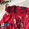 Bohemian Summer Vacation Beach Women Floral Print Chiffon Dress Sexig Slash Neck Off Shoulder Blue / Red Dresse Kvinna 2020 Ny Y0603