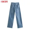 Tangada mode kvinnor hög midja svart långa jeans byxor byxor fickor knappar kvinnlig denim 4m63 210809