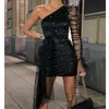 Womens vestido um ombro glitter vestido sexy assimhmétrico sheer malha gaze rruched lace manga longa festa noite clube preto mini vestido