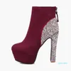 Botas moda feminina sapatos inverno redondo saltos zíper senhoras plataforma de tornozelo glitter Borgonha tamanho 44 45