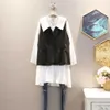 Wiosna Plus Size Slim Vest i V Neck Full Turn Down Collar Dresses Set 210615