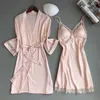 Fiklyc brand women's sleep & lounge two pieces robe & gown sets sexy hollow out lace & satin female mini nightdress bathrobe set 210831