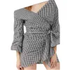 Vintage Summer Casual Plaid Mini Sukienka z Rękawem Puff Damski Moda Gingham Retro Szaty Suknie Talii Pas Pas Suknie 210527