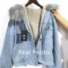 Bella Winter Women Denim Futro Kapturem Płaszcz Streetwear Lady Casual Kurtki Parka Kobieta Single Breasted Znosić 211109