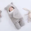 겨울 신생아 유아 아기 두꺼운 swaddle 가방 만화 곰 귀 후드 양고기 양털 침낭 봉투 담요 따뜻한 수면 자루