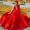 Red A Line Satin Muslim Evening Dresses High Collar Long Sleeve Sequine Arabic Dubai Formal Evening Gown Plus Size Prom Dress