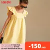 Tangada Woemn Gelbes Sommer-Baumwollkleid, lässig, quadratischer Kragen, Schmetterlingsärmel, rückenfrei, hohe Taille, lockeres Kleid 6L55 210609