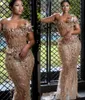 2021 Plus Size Arabic Aso Ebi Luxurious Gold Mermaid Prom Dresses spetspärlor se genom kvällens formella parti andra mottagning go3001