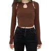 Dames T-shirt Dames Cut Out Crop Tops Ronde hals Knop Verbonden Lange Mouwen Bruin voor Lente Herfst Elegante Shirts Slanke Sexy Blouses