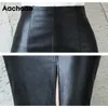 Aachoe Women Moda Pu Faux Leather Lápis Saias Escritório Desgaste Split Black Midi Feminino Plus Size Chic Bodycon 210629