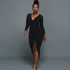 Casual Dresses Fashion Women Sexy Deep V-Neck Dress Elegant Long Sleeve Pleated Slit Bodycon Sheath Front Split NQ904981