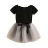 Summer 2-10 Years Kids Party Elegant Princess Solid Color Bow T-Shirt+Lace Skirt 2 Piece Lace Gauze Baby Girl Dress Sets 210625