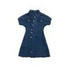 European Retro Single-breasted Button Lapel Slim Short-Sleeve Denim Dress Sexig Mini Blue Women i59p 210603