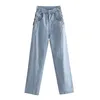 Hög midja kedja jeans för kvinnor vår sommar lösa byxor rakt kvinnlig stil mode tunn mjuk komfort 210531