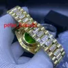 Hoge kwaliteit automatische mannen kijken 36mm gouden case stenen bezel groen gezicht en diamanten in het midden van armband diamant wijzerplaat horloges