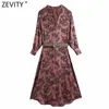 Zevity Donna Vintage Scollo a V Stampa animalier PU Telai Camicia di raso Abito Chic Donna Retro Monopetto Midi Vestido DS4968 210603